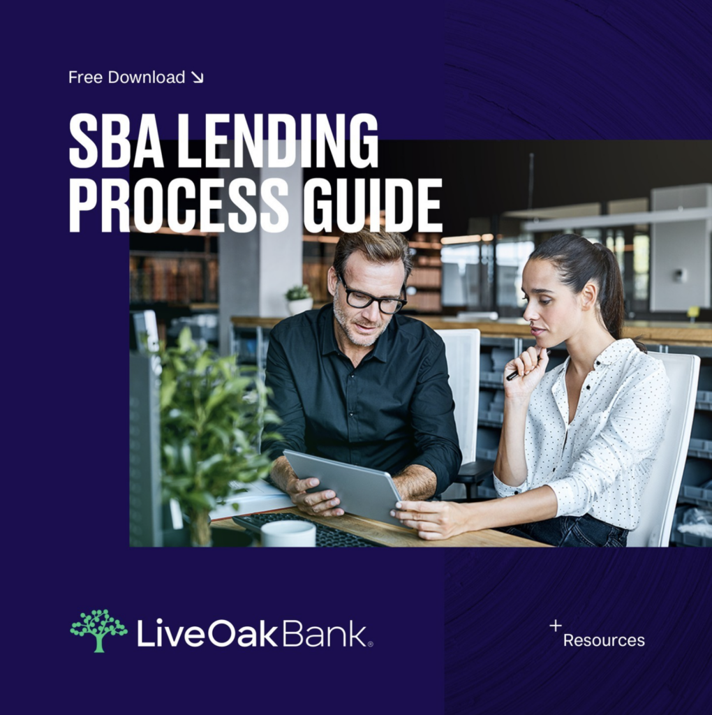 A promotional image for the "SBA Lending Process Guide" from Live Oak Bank. The image features a professional man and woman in an office setting, reviewing a tablet together. The background includes a modern workspace with greenery and bookshelves. The text "Free Download" appears in the top left, while "Resources" is positioned in the bottom right. The Live Oak Bank logo is placed prominently at the bottom.







